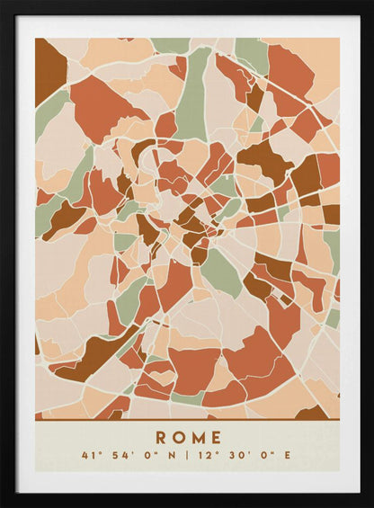 A framed, stylized map of Rome featuring an abstract mosaic of city blocks in earthy tones of terracotta, brown, sage green, and beige. At the bottom, centered, is the text 'ROME' and its coordinates '41° 54' 0" N | 12° 30' 0" E'. Decor