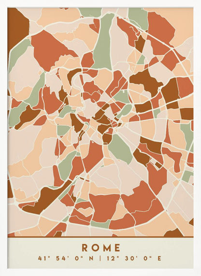 A framed, stylized map of Rome featuring an abstract mosaic of city blocks in earthy tones of terracotta, brown, sage green, and beige. At the bottom, centered, is the text 'ROME' and its coordinates '41° 54' 0" N | 12° 30' 0" E'. Decor