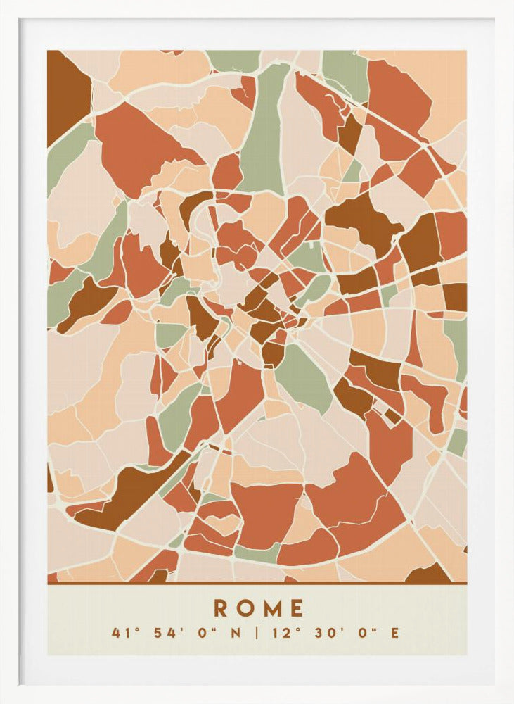 A framed, stylized map of Rome featuring an abstract mosaic of city blocks in earthy tones of terracotta, brown, sage green, and beige. At the bottom, centered, is the text 'ROME' and its coordinates '41° 54' 0" N | 12° 30' 0" E'. Decor