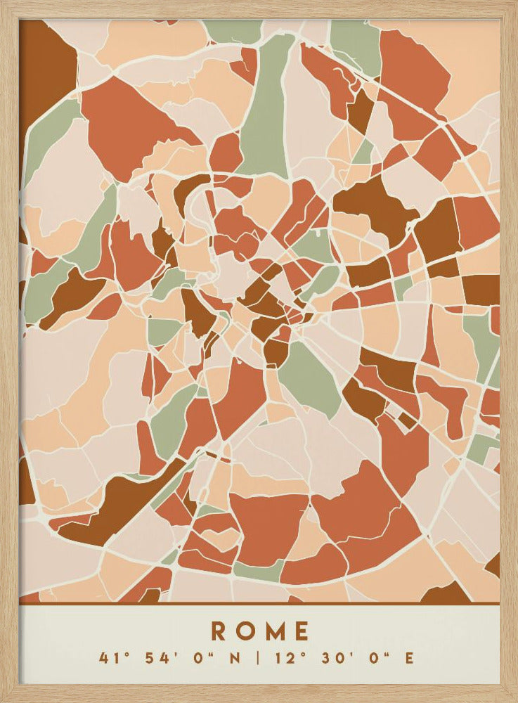 A framed, stylized map of Rome featuring an abstract mosaic of city blocks in earthy tones of terracotta, brown, sage green, and beige. At the bottom, centered, is the text 'ROME' and its coordinates '41° 54' 0" N | 12° 30' 0" E'. Decor