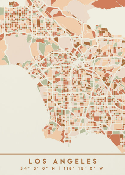 A stylized, block-pattern map of Los Angeles in a warm, earthy color palette of terracotta, brown, and sage green on a cream background. The poster is framed in black and includes the text 'LOS ANGELES' with its geographic coordinates at the bottom. Print