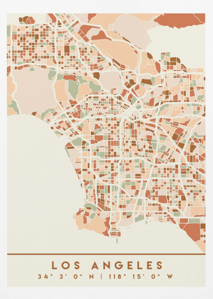 A stylized, block-pattern map of Los Angeles in a warm, earthy color palette of terracotta, brown, and sage green on a cream background. The poster is framed in black and includes the text 'LOS ANGELES' with its geographic coordinates at the bottom. Print