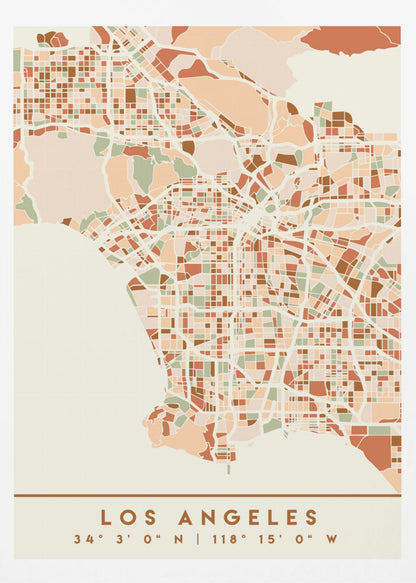 A stylized, block-pattern map of Los Angeles in a warm, earthy color palette of terracotta, brown, and sage green on a cream background. The poster is framed in black and includes the text 'LOS ANGELES' with its geographic coordinates at the bottom. Print