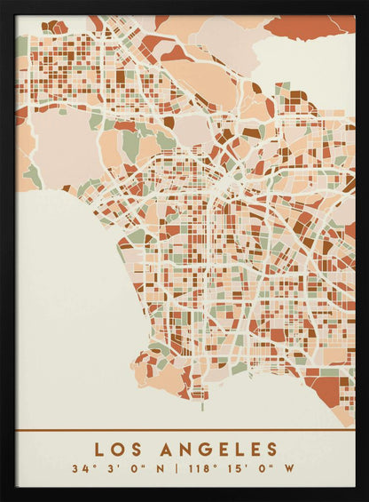 A stylized, block-pattern map of Los Angeles in a warm, earthy color palette of terracotta, brown, and sage green on a cream background. The poster is framed in black and includes the text 'LOS ANGELES' with its geographic coordinates at the bottom. Print