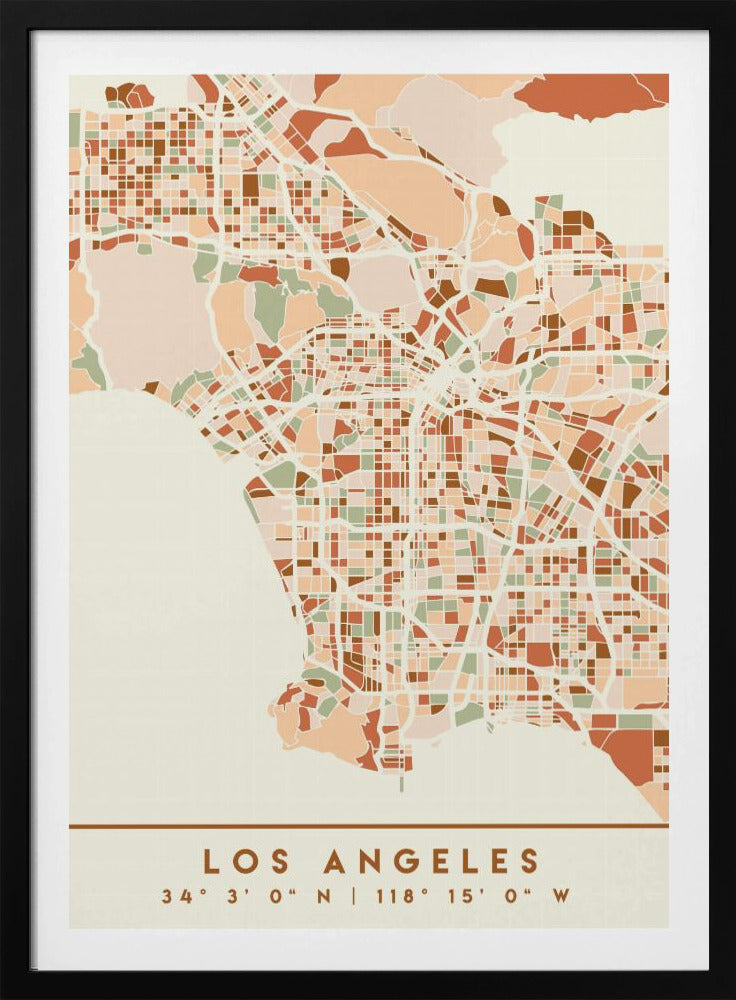 A stylized, block-pattern map of Los Angeles in a warm, earthy color palette of terracotta, brown, and sage green on a cream background. The poster is framed in black and includes the text 'LOS ANGELES' with its geographic coordinates at the bottom. Print