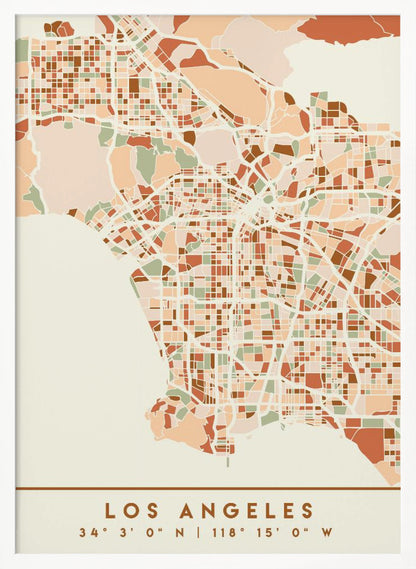 A stylized, block-pattern map of Los Angeles in a warm, earthy color palette of terracotta, brown, and sage green on a cream background. The poster is framed in black and includes the text 'LOS ANGELES' with its geographic coordinates at the bottom. Print
