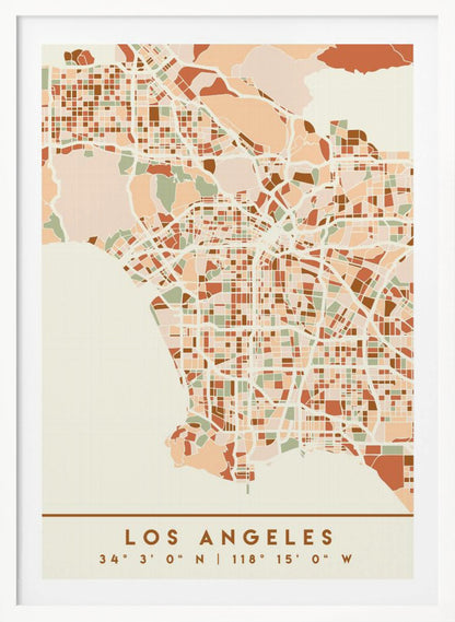 A stylized, block-pattern map of Los Angeles in a warm, earthy color palette of terracotta, brown, and sage green on a cream background. The poster is framed in black and includes the text 'LOS ANGELES' with its geographic coordinates at the bottom. Print
