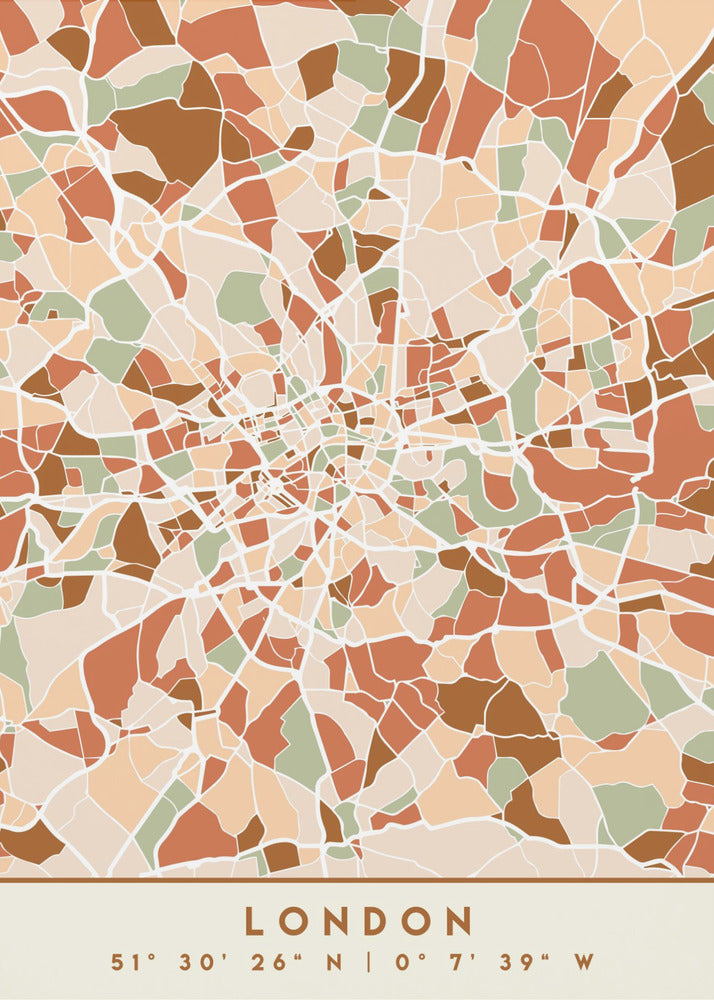 An abstract, framed map of London created with a mosaic of colored shapes in an earth-toned palette of brown, terracotta, sage green, and beige. White lines representing streets separate the shapes, converging towards the city center. Below the map, the word 'LONDON' and its geographic coordinates are displayed on a cream-colored border. Wall Art