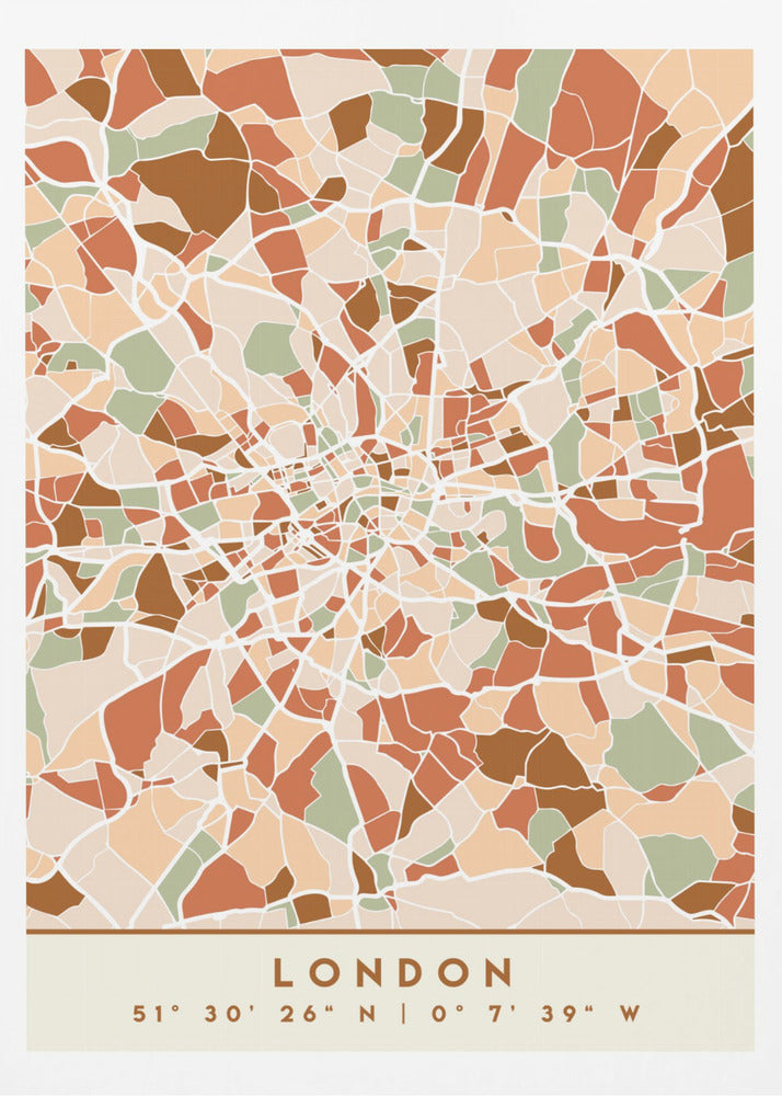 An abstract, framed map of London created with a mosaic of colored shapes in an earth-toned palette of brown, terracotta, sage green, and beige. White lines representing streets separate the shapes, converging towards the city center. Below the map, the word 'LONDON' and its geographic coordinates are displayed on a cream-colored border. Wall Art