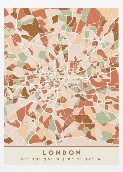 An abstract, framed map of London created with a mosaic of colored shapes in an earth-toned palette of brown, terracotta, sage green, and beige. White lines representing streets separate the shapes, converging towards the city center. Below the map, the word 'LONDON' and its geographic coordinates are displayed on a cream-colored border. Wall Art