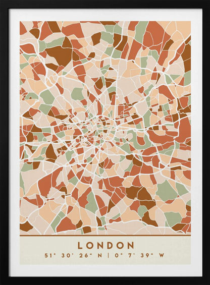 An abstract, framed map of London created with a mosaic of colored shapes in an earth-toned palette of brown, terracotta, sage green, and beige. White lines representing streets separate the shapes, converging towards the city center. Below the map, the word 'LONDON' and its geographic coordinates are displayed on a cream-colored border. Wall Art