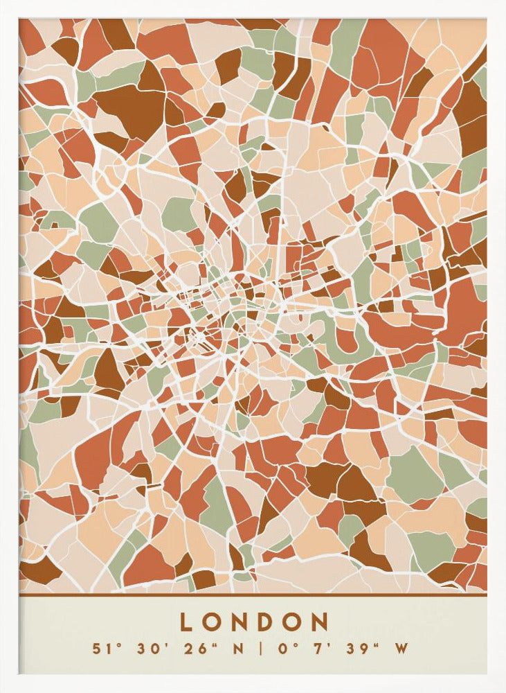 An abstract, framed map of London created with a mosaic of colored shapes in an earth-toned palette of brown, terracotta, sage green, and beige. White lines representing streets separate the shapes, converging towards the city center. Below the map, the word 'LONDON' and its geographic coordinates are displayed on a cream-colored border. Wall Art