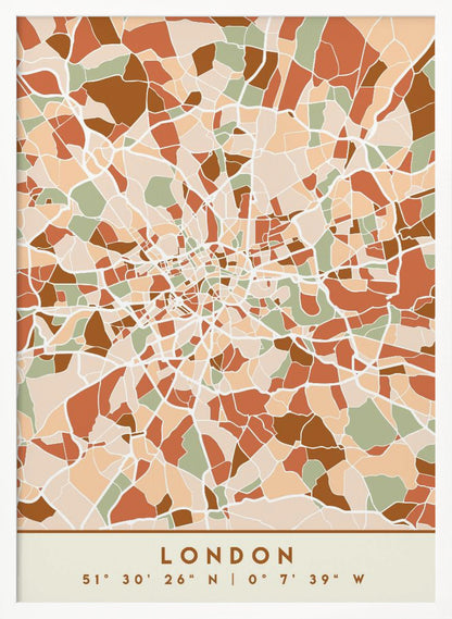 An abstract, framed map of London created with a mosaic of colored shapes in an earth-toned palette of brown, terracotta, sage green, and beige. White lines representing streets separate the shapes, converging towards the city center. Below the map, the word 'LONDON' and its geographic coordinates are displayed on a cream-colored border. Wall Art
