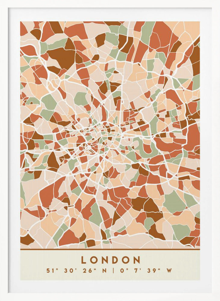 An abstract, framed map of London created with a mosaic of colored shapes in an earth-toned palette of brown, terracotta, sage green, and beige. White lines representing streets separate the shapes, converging towards the city center. Below the map, the word 'LONDON' and its geographic coordinates are displayed on a cream-colored border. Wall Art