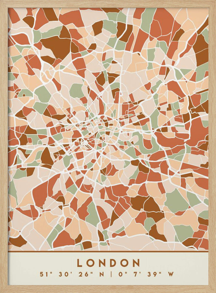 An abstract, framed map of London created with a mosaic of colored shapes in an earth-toned palette of brown, terracotta, sage green, and beige. White lines representing streets separate the shapes, converging towards the city center. Below the map, the word 'LONDON' and its geographic coordinates are displayed on a cream-colored border. Wall Art