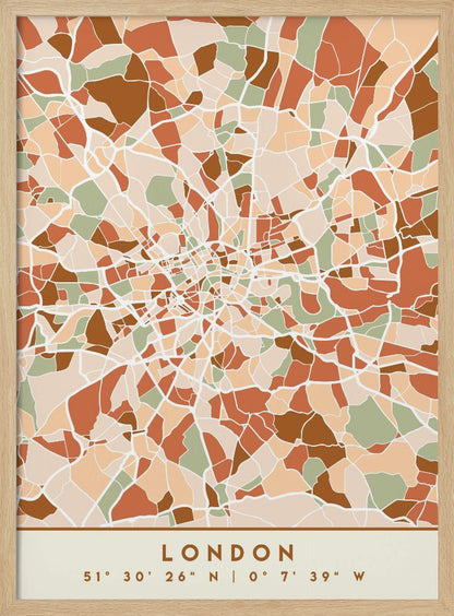 An abstract, framed map of London created with a mosaic of colored shapes in an earth-toned palette of brown, terracotta, sage green, and beige. White lines representing streets separate the shapes, converging towards the city center. Below the map, the word 'LONDON' and its geographic coordinates are displayed on a cream-colored border. Wall Art