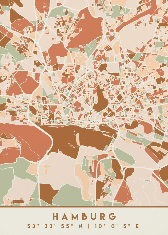 A modern, stylized art print of a Hamburg city map, featuring an abstract pattern of streets and neighborhoods in a color palette of terracotta, brown, sage green, and cream. The bottom of the print has a cream border with the city's name 'HAMBURG' and its geographical coordinates. The artwork is presented in a thin black frame. Wall Art