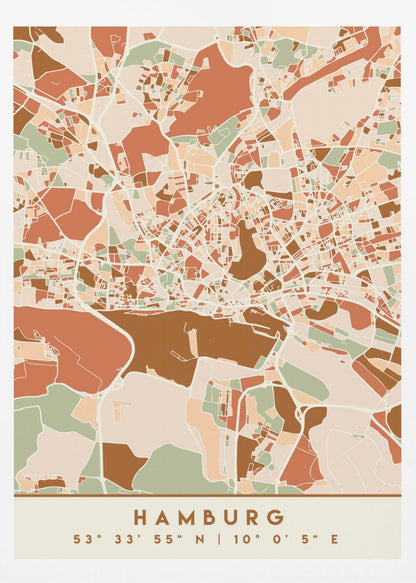 A modern, stylized art print of a Hamburg city map, featuring an abstract pattern of streets and neighborhoods in a color palette of terracotta, brown, sage green, and cream. The bottom of the print has a cream border with the city's name 'HAMBURG' and its geographical coordinates. The artwork is presented in a thin black frame. Wall Art