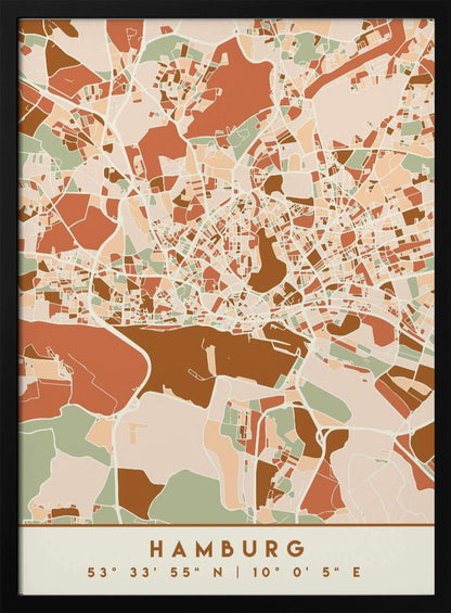 A modern, stylized art print of a Hamburg city map, featuring an abstract pattern of streets and neighborhoods in a color palette of terracotta, brown, sage green, and cream. The bottom of the print has a cream border with the city's name 'HAMBURG' and its geographical coordinates. The artwork is presented in a thin black frame. Wall Art