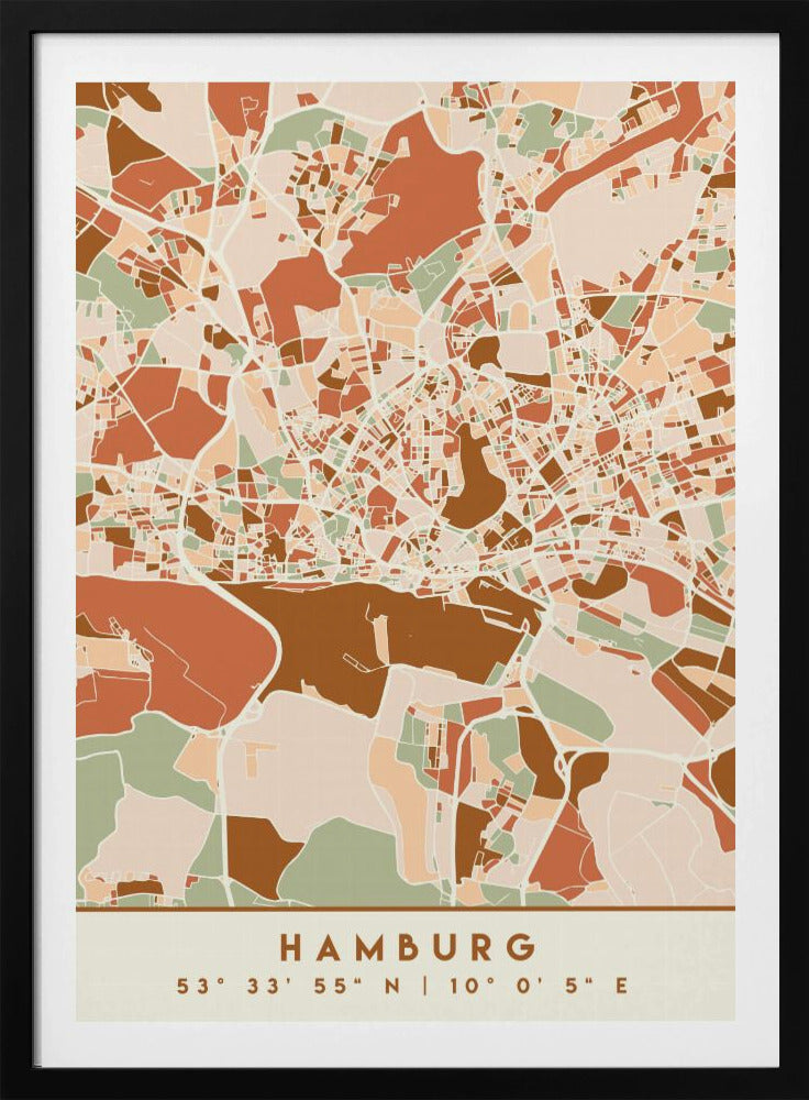 A modern, stylized art print of a Hamburg city map, featuring an abstract pattern of streets and neighborhoods in a color palette of terracotta, brown, sage green, and cream. The bottom of the print has a cream border with the city's name 'HAMBURG' and its geographical coordinates. The artwork is presented in a thin black frame. Wall Art