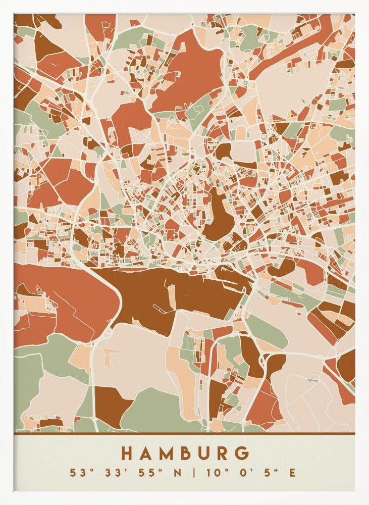 A modern, stylized art print of a Hamburg city map, featuring an abstract pattern of streets and neighborhoods in a color palette of terracotta, brown, sage green, and cream. The bottom of the print has a cream border with the city's name 'HAMBURG' and its geographical coordinates. The artwork is presented in a thin black frame. Wall Art