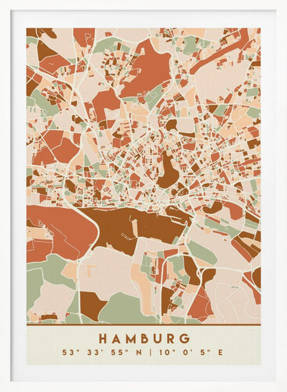 A modern, stylized art print of a Hamburg city map, featuring an abstract pattern of streets and neighborhoods in a color palette of terracotta, brown, sage green, and cream. The bottom of the print has a cream border with the city's name 'HAMBURG' and its geographical coordinates. The artwork is presented in a thin black frame. Wall Art