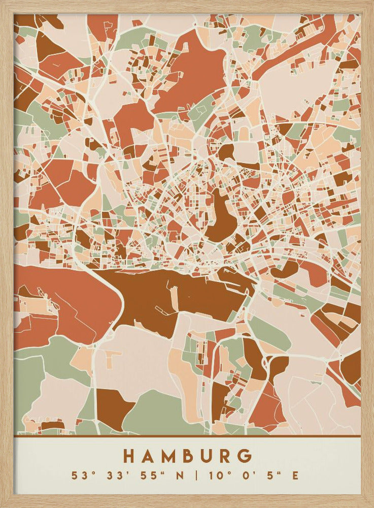 A modern, stylized art print of a Hamburg city map, featuring an abstract pattern of streets and neighborhoods in a color palette of terracotta, brown, sage green, and cream. The bottom of the print has a cream border with the city's name 'HAMBURG' and its geographical coordinates. The artwork is presented in a thin black frame. Wall Art