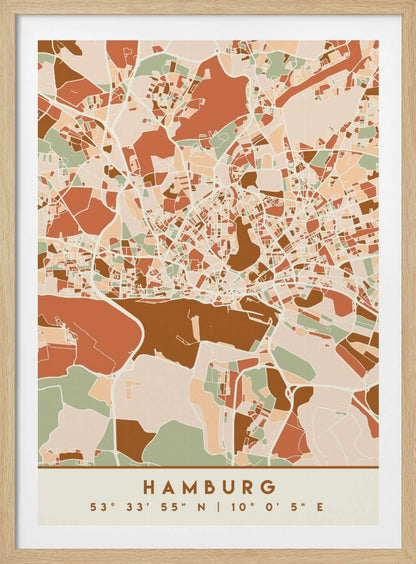A modern, stylized art print of a Hamburg city map, featuring an abstract pattern of streets and neighborhoods in a color palette of terracotta, brown, sage green, and cream. The bottom of the print has a cream border with the city's name 'HAMBURG' and its geographical coordinates. The artwork is presented in a thin black frame. Wall Art