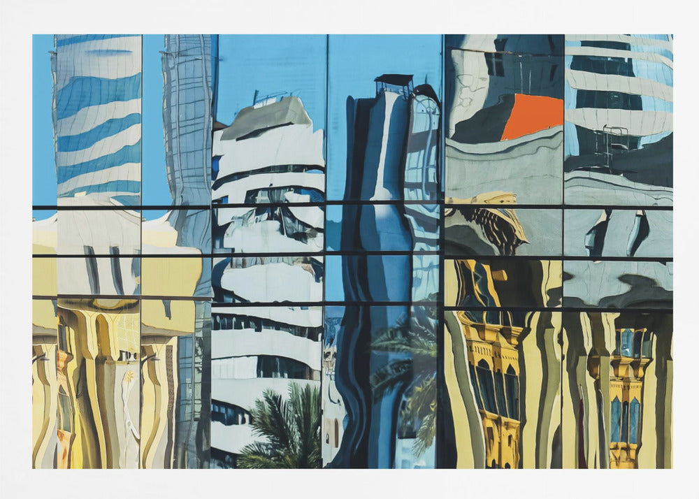 A framed abstract artwork showing a collage of distorted cityscape reflections in a grid of glass window panes. The reflections mix modern blue and white skyscrapers against a clear blue sky with older, golden-yellow buildings, creating a wavy and fragmented visual effect. Wall Art