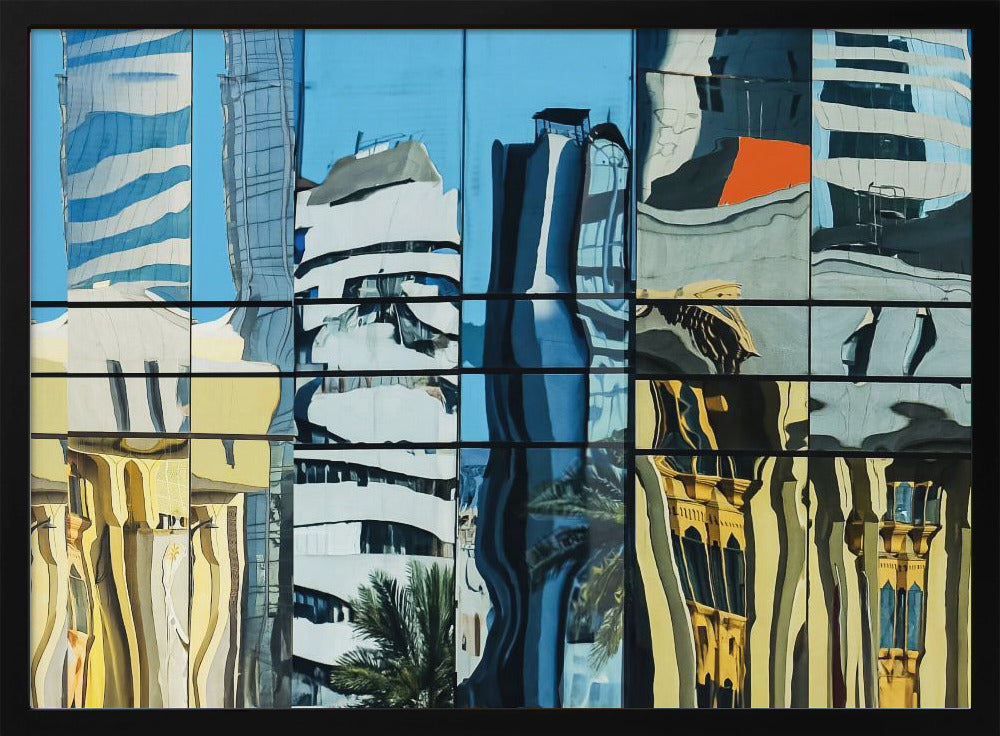 A framed abstract artwork showing a collage of distorted cityscape reflections in a grid of glass window panes. The reflections mix modern blue and white skyscrapers against a clear blue sky with older, golden-yellow buildings, creating a wavy and fragmented visual effect. Wall Art