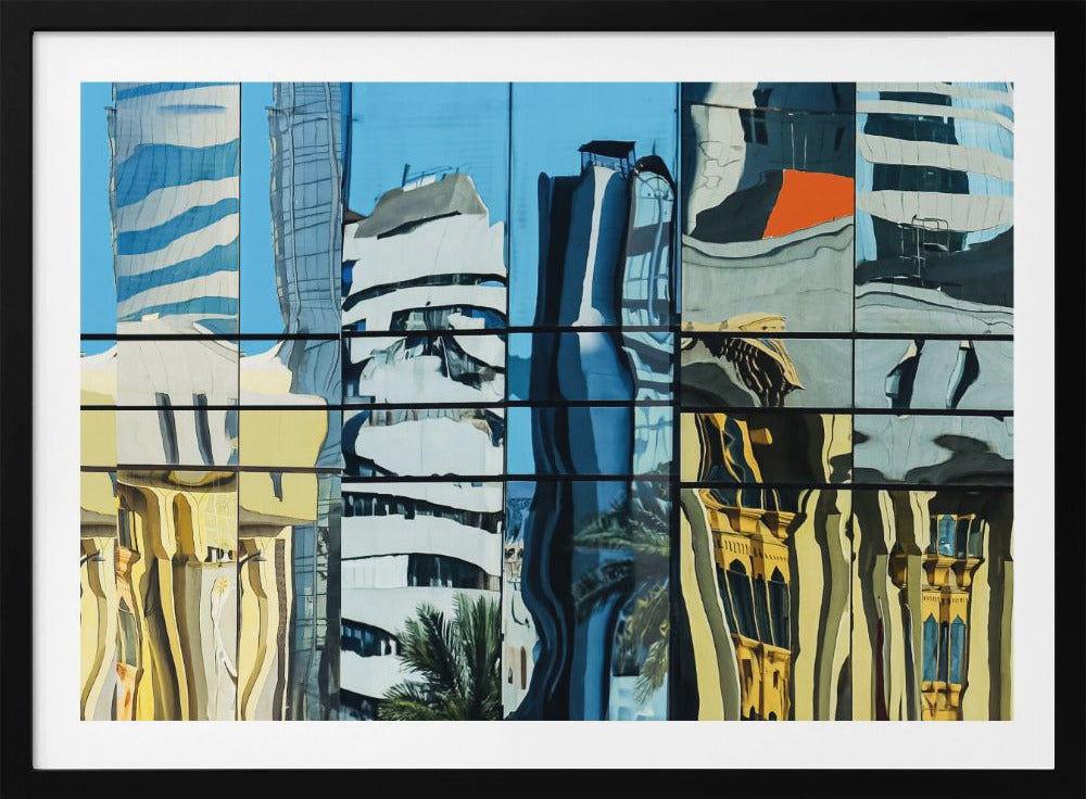 A framed abstract artwork showing a collage of distorted cityscape reflections in a grid of glass window panes. The reflections mix modern blue and white skyscrapers against a clear blue sky with older, golden-yellow buildings, creating a wavy and fragmented visual effect. Wall Art