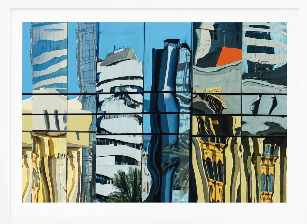 A framed abstract artwork showing a collage of distorted cityscape reflections in a grid of glass window panes. The reflections mix modern blue and white skyscrapers against a clear blue sky with older, golden-yellow buildings, creating a wavy and fragmented visual effect. Wall Art