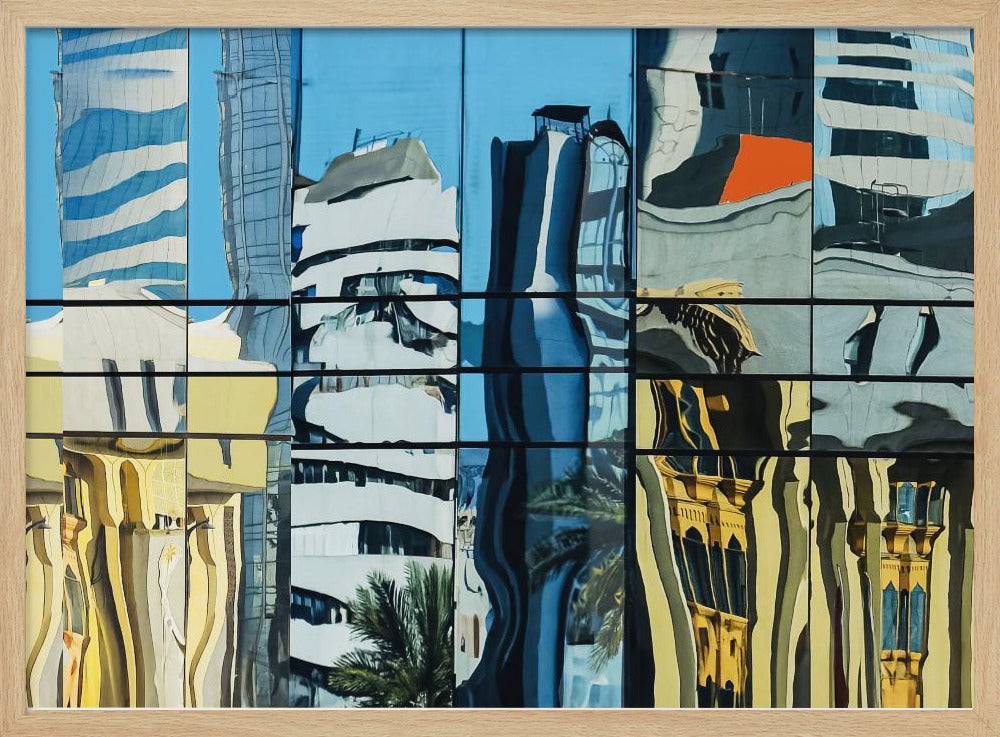 A framed abstract artwork showing a collage of distorted cityscape reflections in a grid of glass window panes. The reflections mix modern blue and white skyscrapers against a clear blue sky with older, golden-yellow buildings, creating a wavy and fragmented visual effect. Wall Art