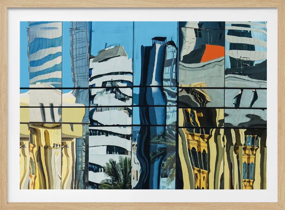 A framed abstract artwork showing a collage of distorted cityscape reflections in a grid of glass window panes. The reflections mix modern blue and white skyscrapers against a clear blue sky with older, golden-yellow buildings, creating a wavy and fragmented visual effect. Wall Art