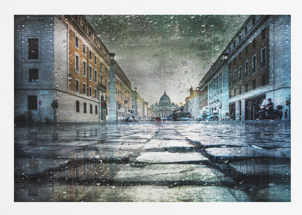 A low-angle, artistic photograph of a wet cobblestone street in Rome leading to St. Peter's Basilica in the distance. The image has a moody, textured feel with an overlay of raindrops, as if viewed through a rainy window, and reflections of the historic buildings in the puddles on the street. Decor