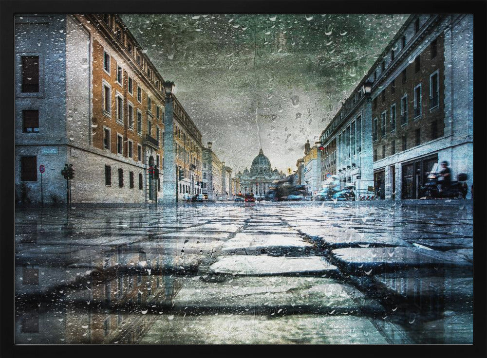 A low-angle, artistic photograph of a wet cobblestone street in Rome leading to St. Peter's Basilica in the distance. The image has a moody, textured feel with an overlay of raindrops, as if viewed through a rainy window, and reflections of the historic buildings in the puddles on the street. Decor
