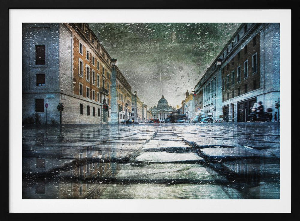 A low-angle, artistic photograph of a wet cobblestone street in Rome leading to St. Peter's Basilica in the distance. The image has a moody, textured feel with an overlay of raindrops, as if viewed through a rainy window, and reflections of the historic buildings in the puddles on the street. Decor