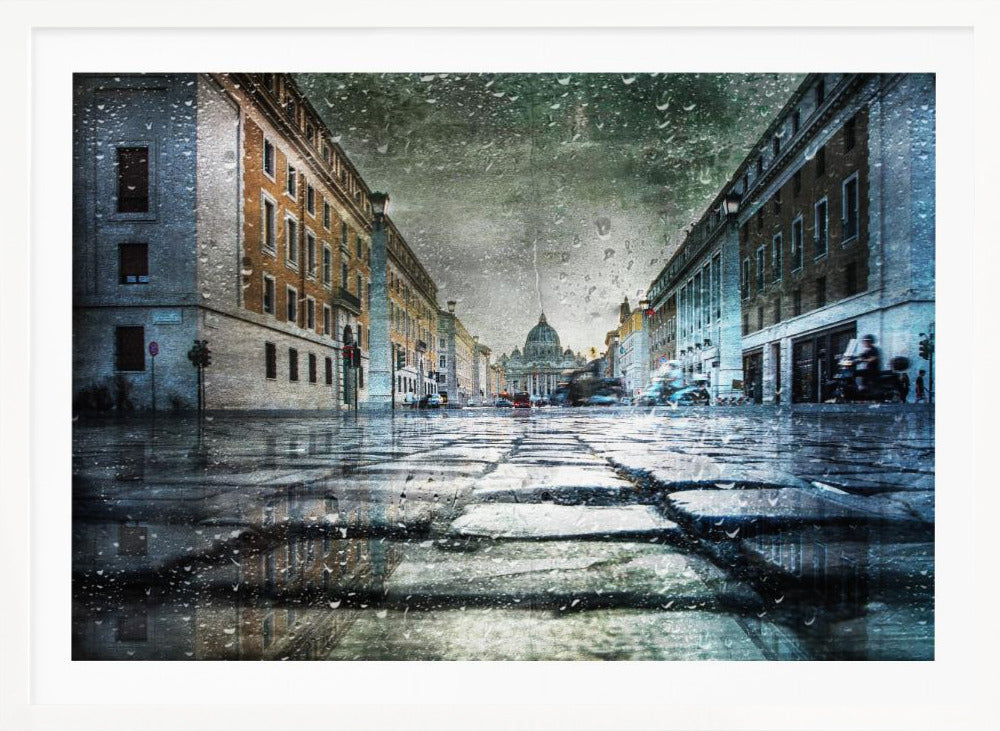 A low-angle, artistic photograph of a wet cobblestone street in Rome leading to St. Peter's Basilica in the distance. The image has a moody, textured feel with an overlay of raindrops, as if viewed through a rainy window, and reflections of the historic buildings in the puddles on the street. Decor