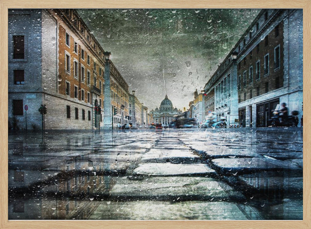 A low-angle, artistic photograph of a wet cobblestone street in Rome leading to St. Peter's Basilica in the distance. The image has a moody, textured feel with an overlay of raindrops, as if viewed through a rainy window, and reflections of the historic buildings in the puddles on the street. Decor