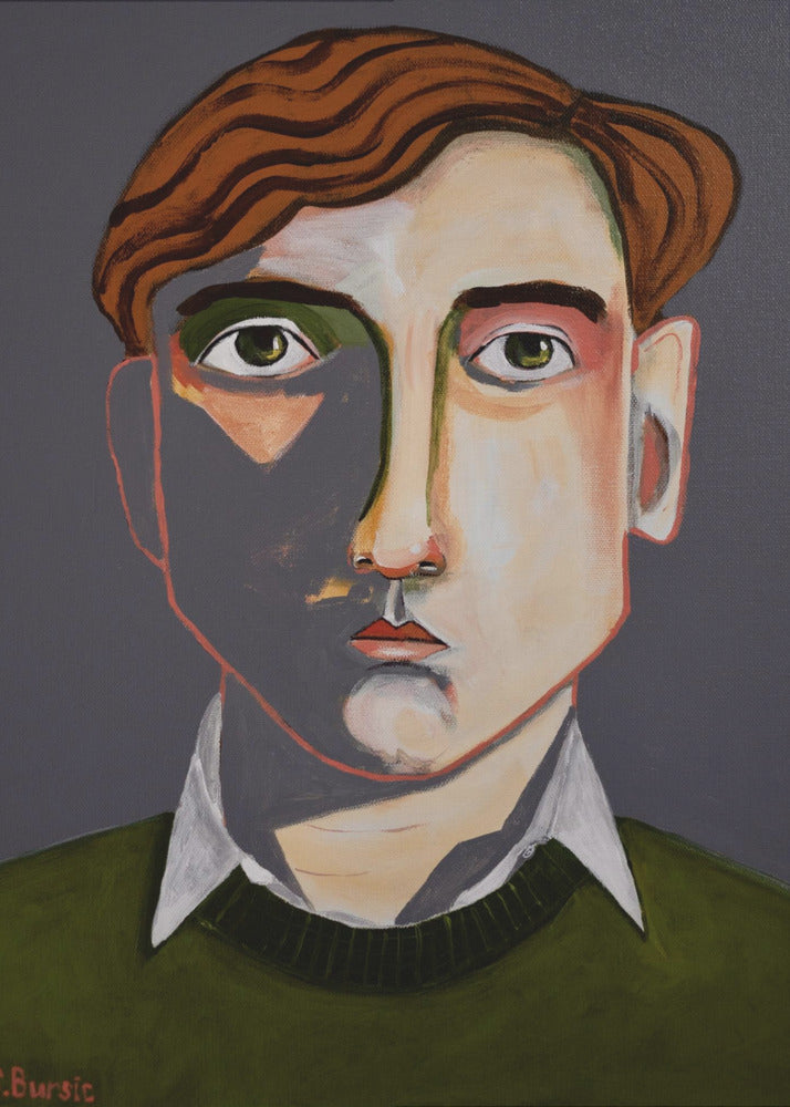 A modern, stylized portrait painting of a young man with wavy, reddish-brown hair and green eyes. He looks forward with a neutral expression. His face is angular with sharp lines, and a dramatic shadow covers the left side. He is wearing a dark olive green sweater over a white collared shirt, set against a solid dark gray background. The artwork is signed 'Bursic' in the lower-left corner and is presented in a simple black frame. Decor