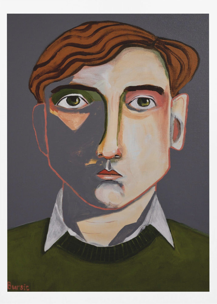 A modern, stylized portrait painting of a young man with wavy, reddish-brown hair and green eyes. He looks forward with a neutral expression. His face is angular with sharp lines, and a dramatic shadow covers the left side. He is wearing a dark olive green sweater over a white collared shirt, set against a solid dark gray background. The artwork is signed 'Bursic' in the lower-left corner and is presented in a simple black frame. Decor