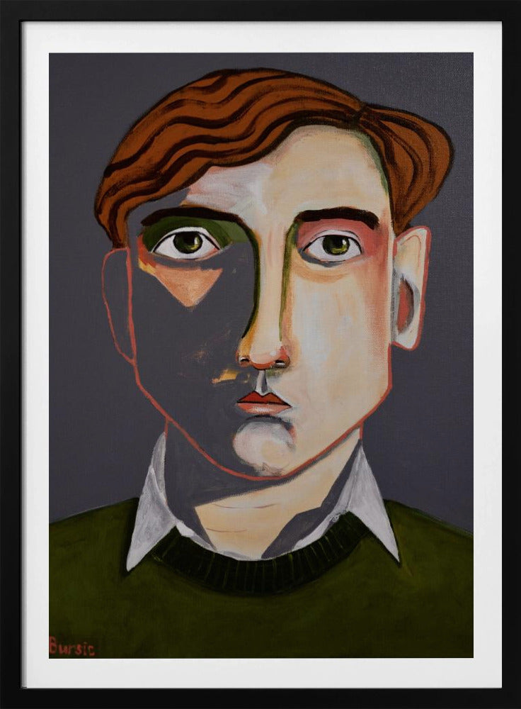 A modern, stylized portrait painting of a young man with wavy, reddish-brown hair and green eyes. He looks forward with a neutral expression. His face is angular with sharp lines, and a dramatic shadow covers the left side. He is wearing a dark olive green sweater over a white collared shirt, set against a solid dark gray background. The artwork is signed 'Bursic' in the lower-left corner and is presented in a simple black frame. Decor