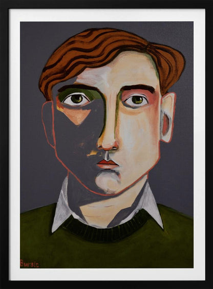 A modern, stylized portrait painting of a young man with wavy, reddish-brown hair and green eyes. He looks forward with a neutral expression. His face is angular with sharp lines, and a dramatic shadow covers the left side. He is wearing a dark olive green sweater over a white collared shirt, set against a solid dark gray background. The artwork is signed 'Bursic' in the lower-left corner and is presented in a simple black frame. Decor