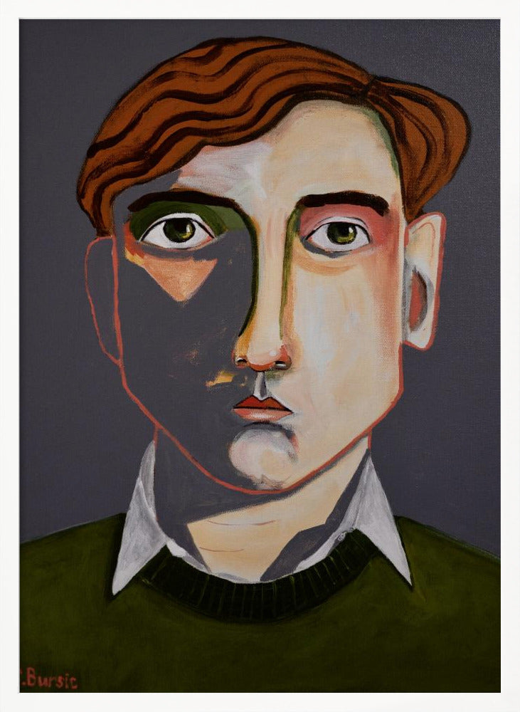 A modern, stylized portrait painting of a young man with wavy, reddish-brown hair and green eyes. He looks forward with a neutral expression. His face is angular with sharp lines, and a dramatic shadow covers the left side. He is wearing a dark olive green sweater over a white collared shirt, set against a solid dark gray background. The artwork is signed 'Bursic' in the lower-left corner and is presented in a simple black frame. Decor