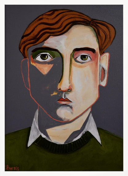 A modern, stylized portrait painting of a young man with wavy, reddish-brown hair and green eyes. He looks forward with a neutral expression. His face is angular with sharp lines, and a dramatic shadow covers the left side. He is wearing a dark olive green sweater over a white collared shirt, set against a solid dark gray background. The artwork is signed 'Bursic' in the lower-left corner and is presented in a simple black frame. Decor