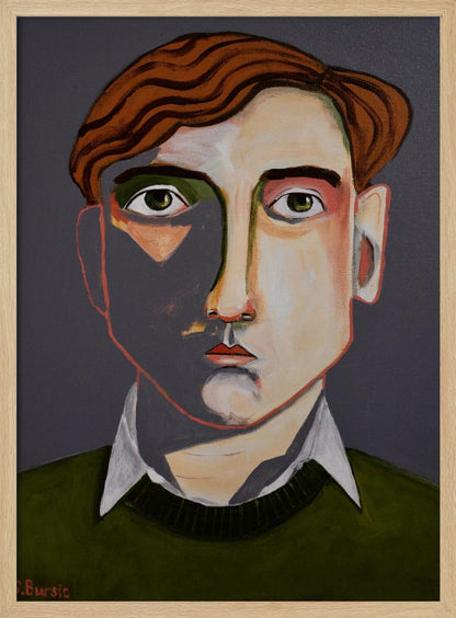 A modern, stylized portrait painting of a young man with wavy, reddish-brown hair and green eyes. He looks forward with a neutral expression. His face is angular with sharp lines, and a dramatic shadow covers the left side. He is wearing a dark olive green sweater over a white collared shirt, set against a solid dark gray background. The artwork is signed 'Bursic' in the lower-left corner and is presented in a simple black frame. Decor