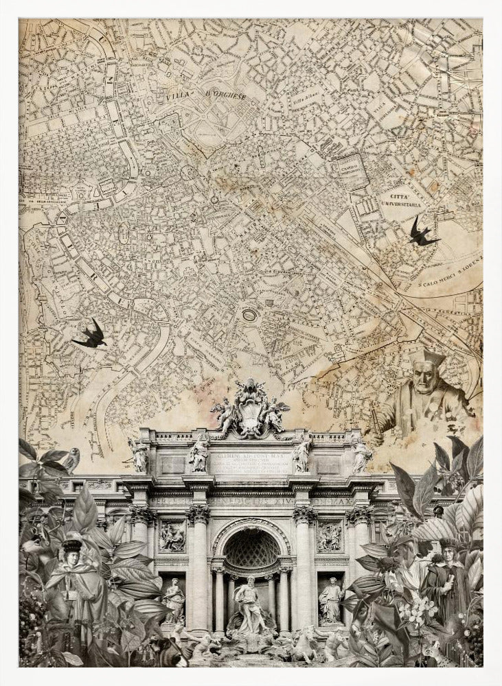 A vintage-style collage with a sepia map of Rome as the background. At the bottom is a detailed black and white illustration of the Trevi Fountain, surrounded by cutouts of foliage and historical figures. Two black birds are shown flying over the map. Decor