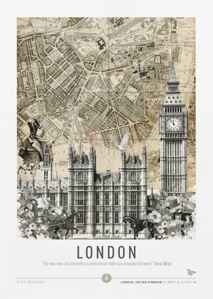 A vintage-style collage poster of London featuring an old sepia-toned map as the background. In the foreground are black and white illustrations of the Houses of Parliament and Big Ben, along with a man in historical dress, a dove, and horse-drawn carriages. The bottom reads 'LONDON' with a quote by Oscar Wilde. Poster