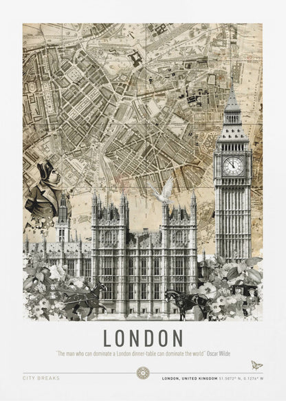A vintage-style collage poster of London featuring an old sepia-toned map as the background. In the foreground are black and white illustrations of the Houses of Parliament and Big Ben, along with a man in historical dress, a dove, and horse-drawn carriages. The bottom reads 'LONDON' with a quote by Oscar Wilde. Poster