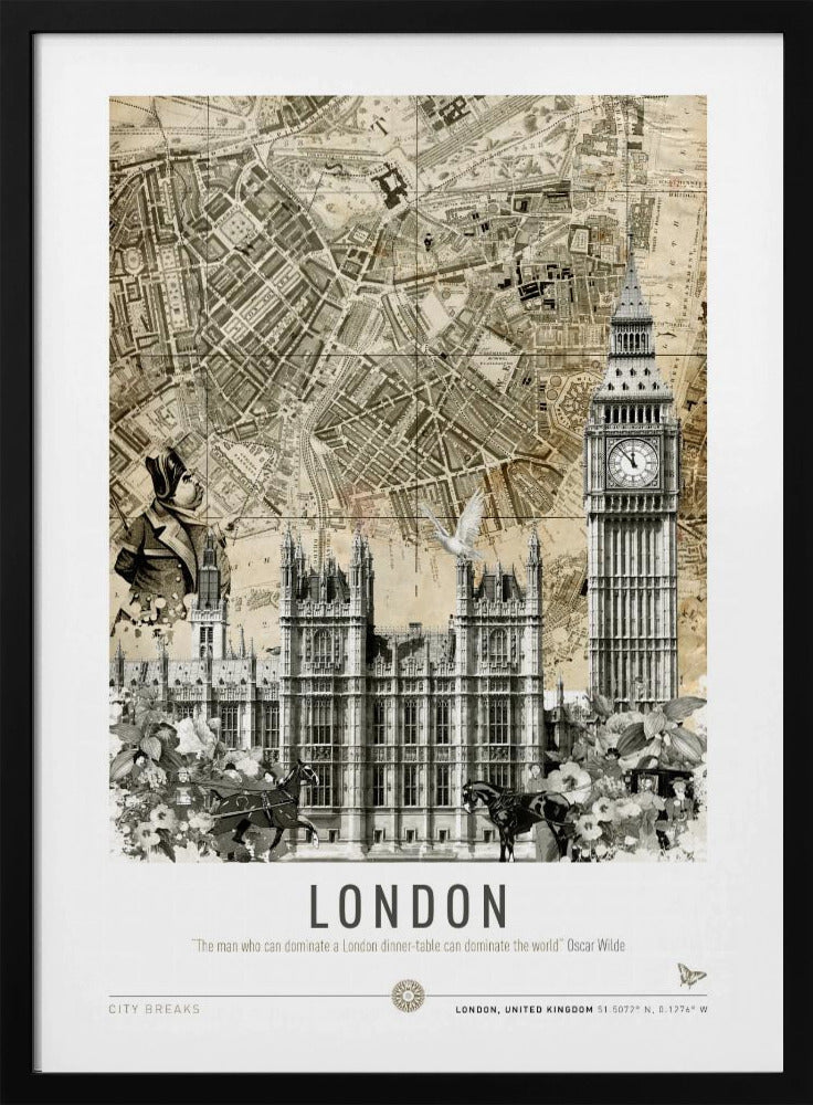 A vintage-style collage poster of London featuring an old sepia-toned map as the background. In the foreground are black and white illustrations of the Houses of Parliament and Big Ben, along with a man in historical dress, a dove, and horse-drawn carriages. The bottom reads 'LONDON' with a quote by Oscar Wilde. Poster